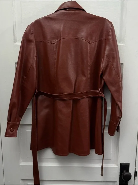 Vintage Brown Faux Leather Belted Jacket Womens M Western Shacket - Picture 5 of 11
